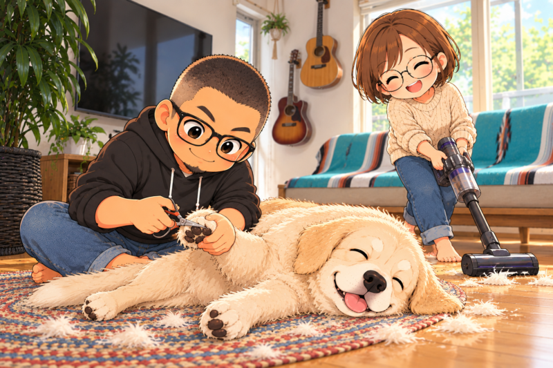 眠るワンコの足先を整える父さんと、落ちた毛を掃除する母さん。