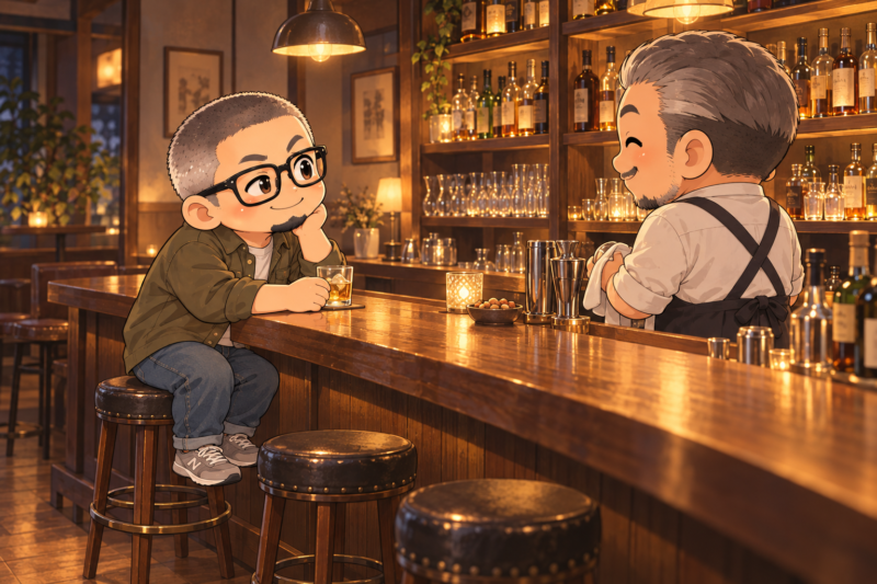 皆さんが帰ったあと、マスターの話を聞く私
温かい照明のカウンターで、落ち着いた夜の余韻。